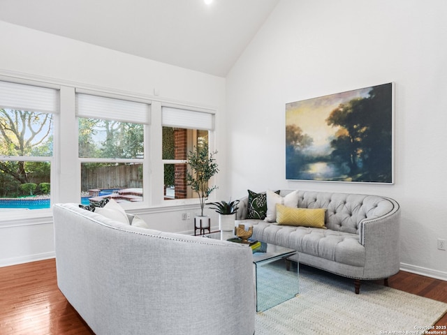 living room with hardwood / wood-style flooring and high vaulted ceiling