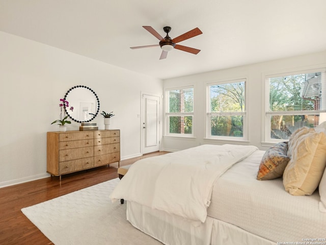 bedroom featuring dark hardwood / wood-style floors and ceiling fan