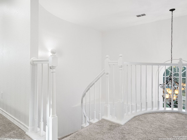 stairway featuring carpet