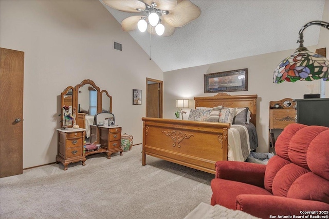 bedroom featuring ceiling fan, light colored carpet, and high vaulted ceiling