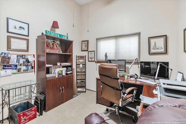 carpeted office with a towering ceiling