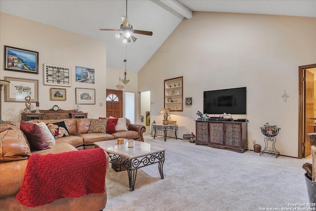 living room featuring ceiling fan, high vaulted ceiling, light colored carpet, and beam ceiling