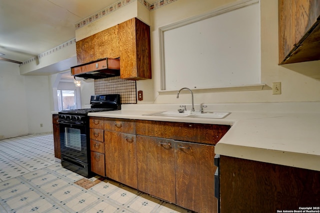 kitchen featuring ventilation hood, sink, and black range