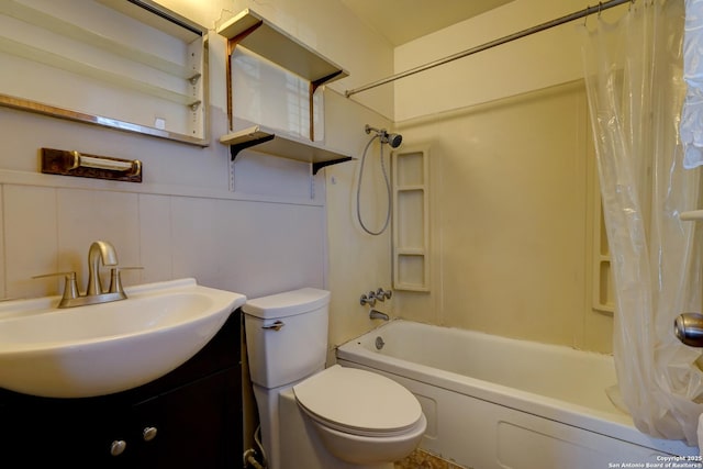 full bathroom featuring shower / bath combination with curtain, vanity, and toilet