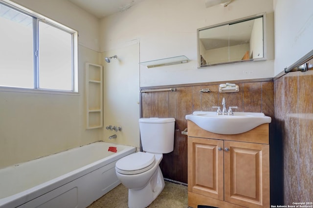 full bathroom featuring shower / tub combination, vanity, and toilet