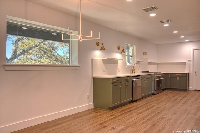 kitchen featuring sink, decorative backsplash, light hardwood / wood-style floors, and appliances with stainless steel finishes