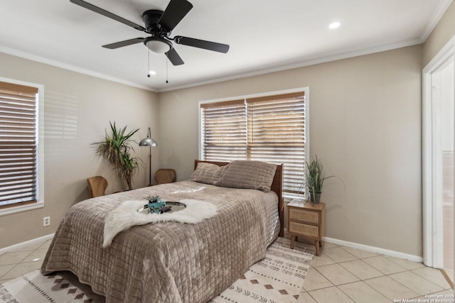 tiled bedroom with crown molding and ceiling fan