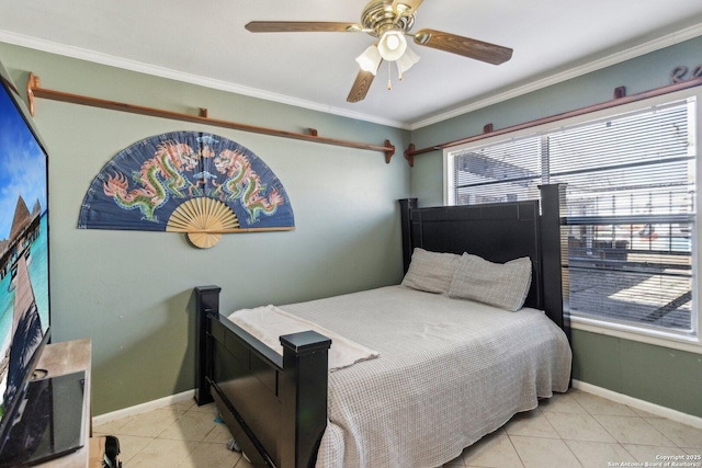 tiled bedroom with multiple windows, ornamental molding, and ceiling fan