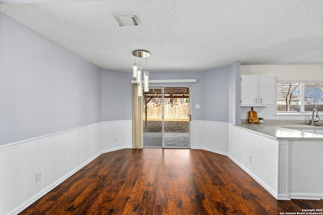 unfurnished dining area featuring sink, dark hardwood / wood-style floors, and a textured ceiling