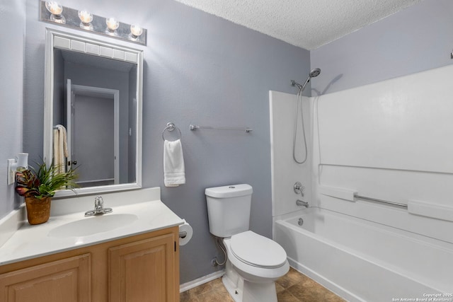 full bathroom with vanity, toilet, shower / bath combination, and a textured ceiling