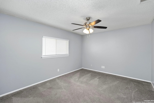 unfurnished room with carpet flooring, a textured ceiling, and ceiling fan