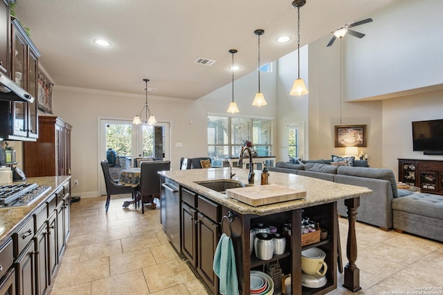 kitchen featuring sink, stainless steel appliances, dark brown cabinetry, a center island with sink, and decorative light fixtures