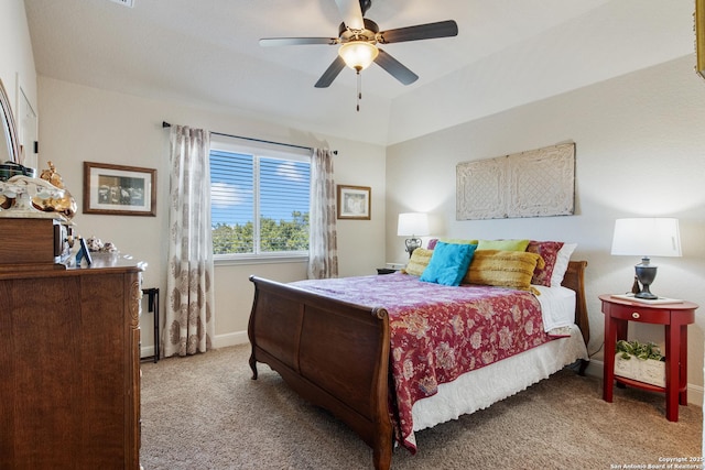 bedroom with light colored carpet and ceiling fan