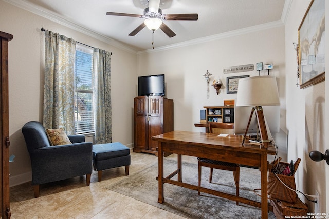 office space featuring crown molding and ceiling fan