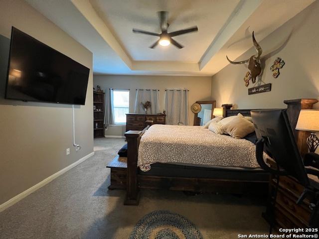 bedroom with a tray ceiling, carpet floors, and ceiling fan