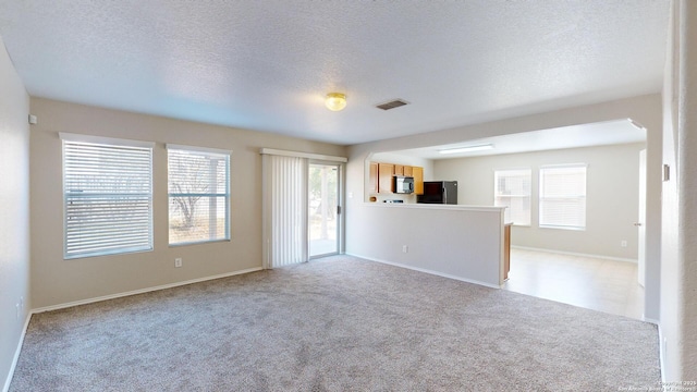 spare room with plenty of natural light, light colored carpet, and a textured ceiling