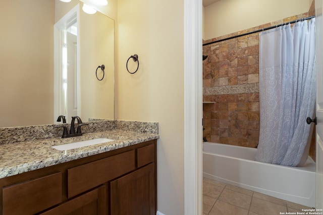 bathroom with tile patterned flooring, vanity, and shower / bath combination with curtain