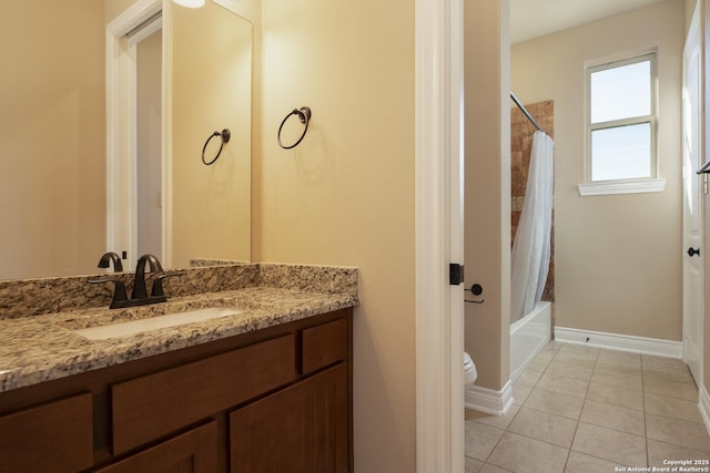 full bathroom featuring shower / bath combination with curtain, tile patterned floors, toilet, and vanity