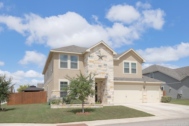 view of front of house with a garage and a front lawn