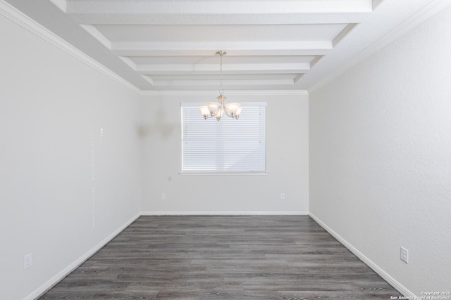 empty room featuring crown molding, dark hardwood / wood-style flooring, a chandelier, and beam ceiling