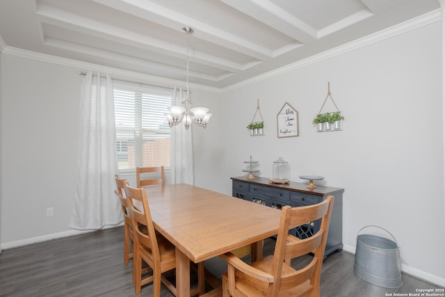 dining area featuring coffered ceiling, ornamental molding, dark hardwood / wood-style floors, and beam ceiling