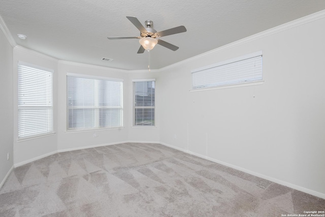 spare room with a healthy amount of sunlight, ornamental molding, light colored carpet, and a textured ceiling