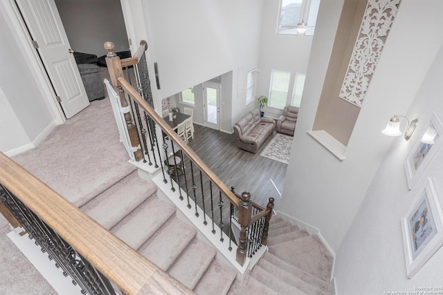 stairway featuring hardwood / wood-style flooring and a towering ceiling