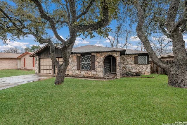 ranch-style home with a garage and a front lawn