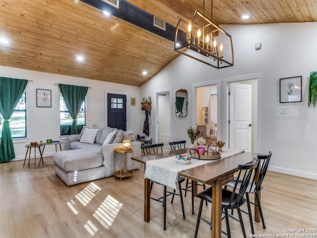 dining room featuring a chandelier, wooden ceiling, high vaulted ceiling, and light hardwood / wood-style flooring