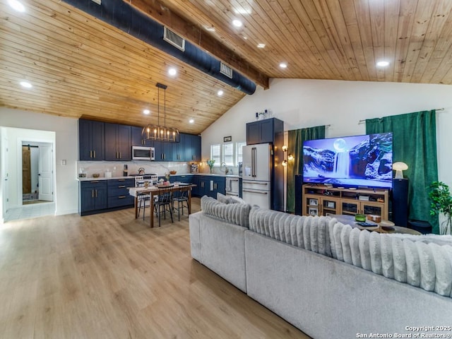 living room with beam ceiling, high vaulted ceiling, light wood-type flooring, and wood ceiling