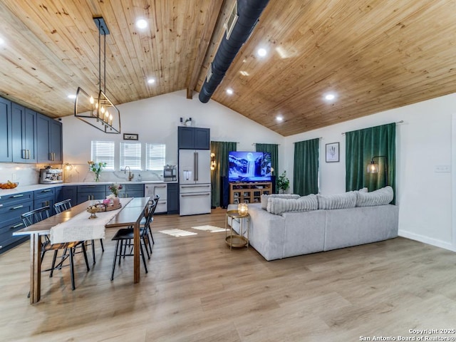 living room with sink, wood ceiling, high vaulted ceiling, beam ceiling, and light hardwood / wood-style floors