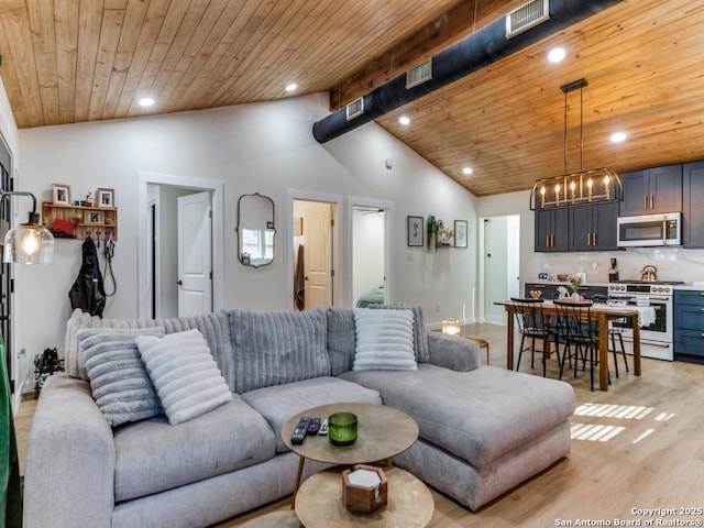 living room with beamed ceiling, high vaulted ceiling, wood ceiling, and light hardwood / wood-style flooring