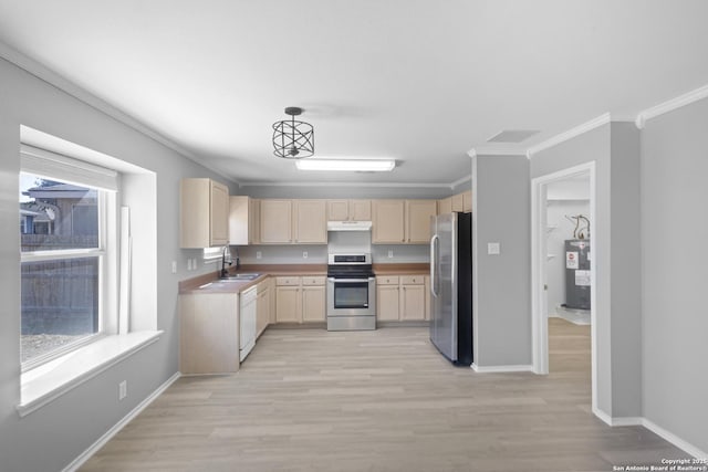 kitchen featuring light brown cabinetry, sink, crown molding, light wood-type flooring, and appliances with stainless steel finishes