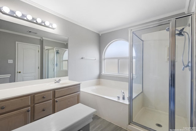 bathroom with crown molding, vanity, independent shower and bath, and wood-type flooring