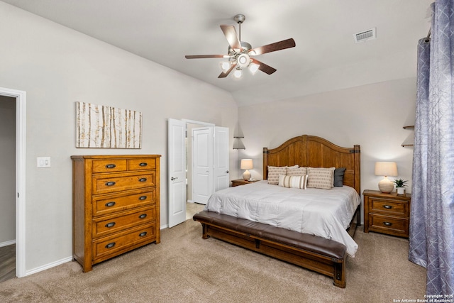 bedroom featuring ceiling fan, lofted ceiling, and carpet floors