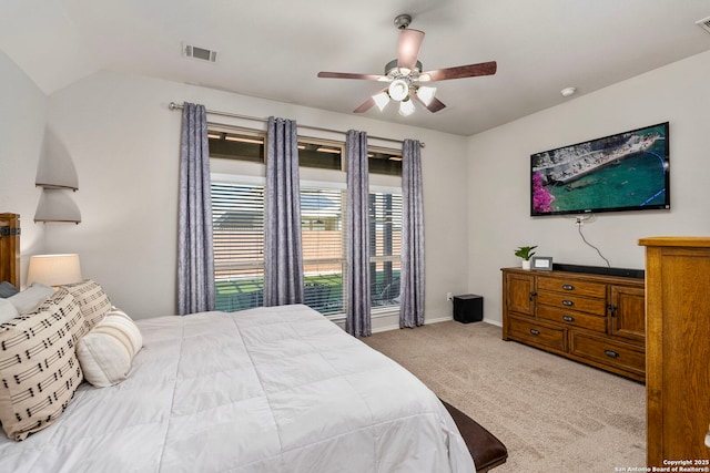 bedroom with light colored carpet and ceiling fan