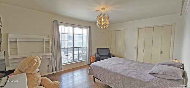 bedroom featuring hardwood / wood-style floors, a notable chandelier, and multiple closets