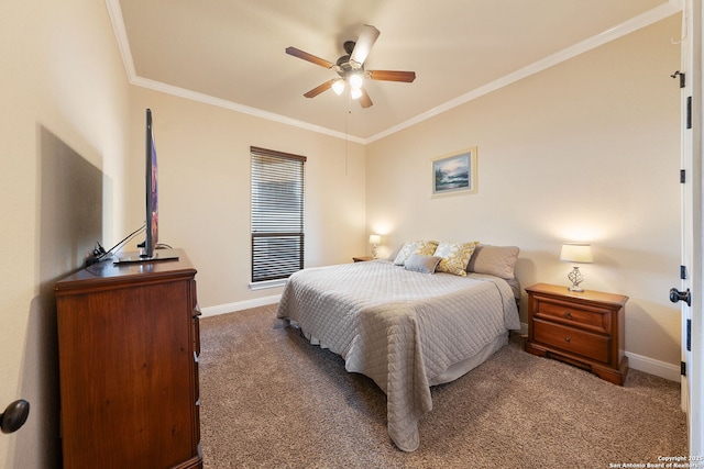 carpeted bedroom with ornamental molding and ceiling fan