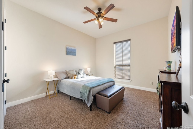 bedroom featuring vaulted ceiling, carpet, and ceiling fan