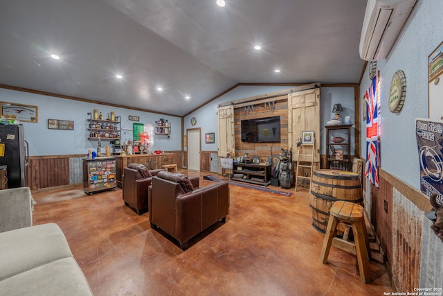 living room with a wall mounted air conditioner, lofted ceiling, concrete floors, bar, and crown molding