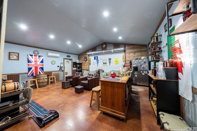 office space featuring wooden walls, lofted ceiling, a wall mounted AC, concrete floors, and crown molding