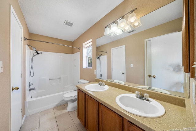 full bathroom featuring shower / tub combination, vanity, toilet, and tile patterned flooring