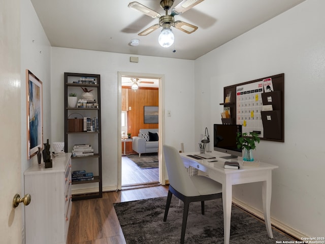 office area featuring dark wood-type flooring and ceiling fan