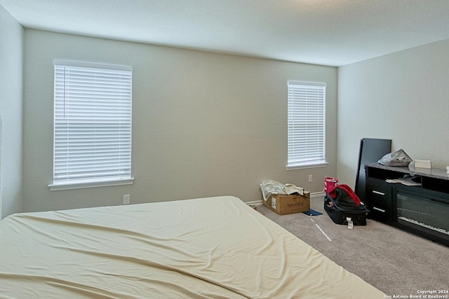 bedroom with light colored carpet