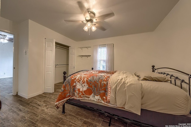 bedroom with wood-type flooring, ceiling fan, and a closet