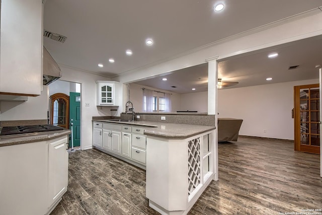 kitchen featuring white cabinetry, sink, dark wood-type flooring, and kitchen peninsula