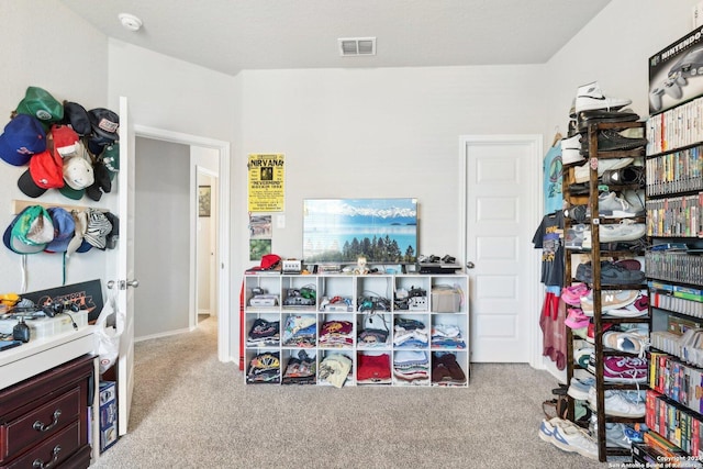 walk in closet featuring light carpet