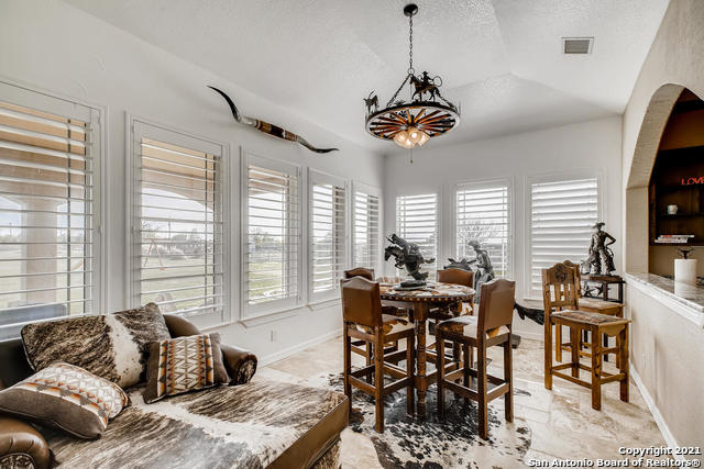 dining room featuring vaulted ceiling, plenty of natural light, and a textured ceiling