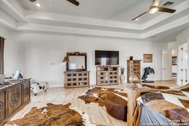 living room with ceiling fan and a raised ceiling