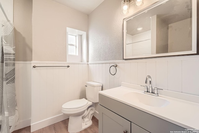 bathroom featuring wood-type flooring, toilet, a shower with shower curtain, and vanity